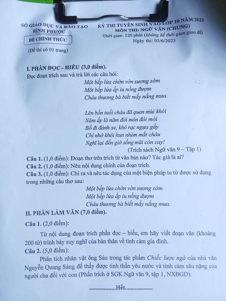 de thi vao lop 10 mon ngu van tinh binh phuoc